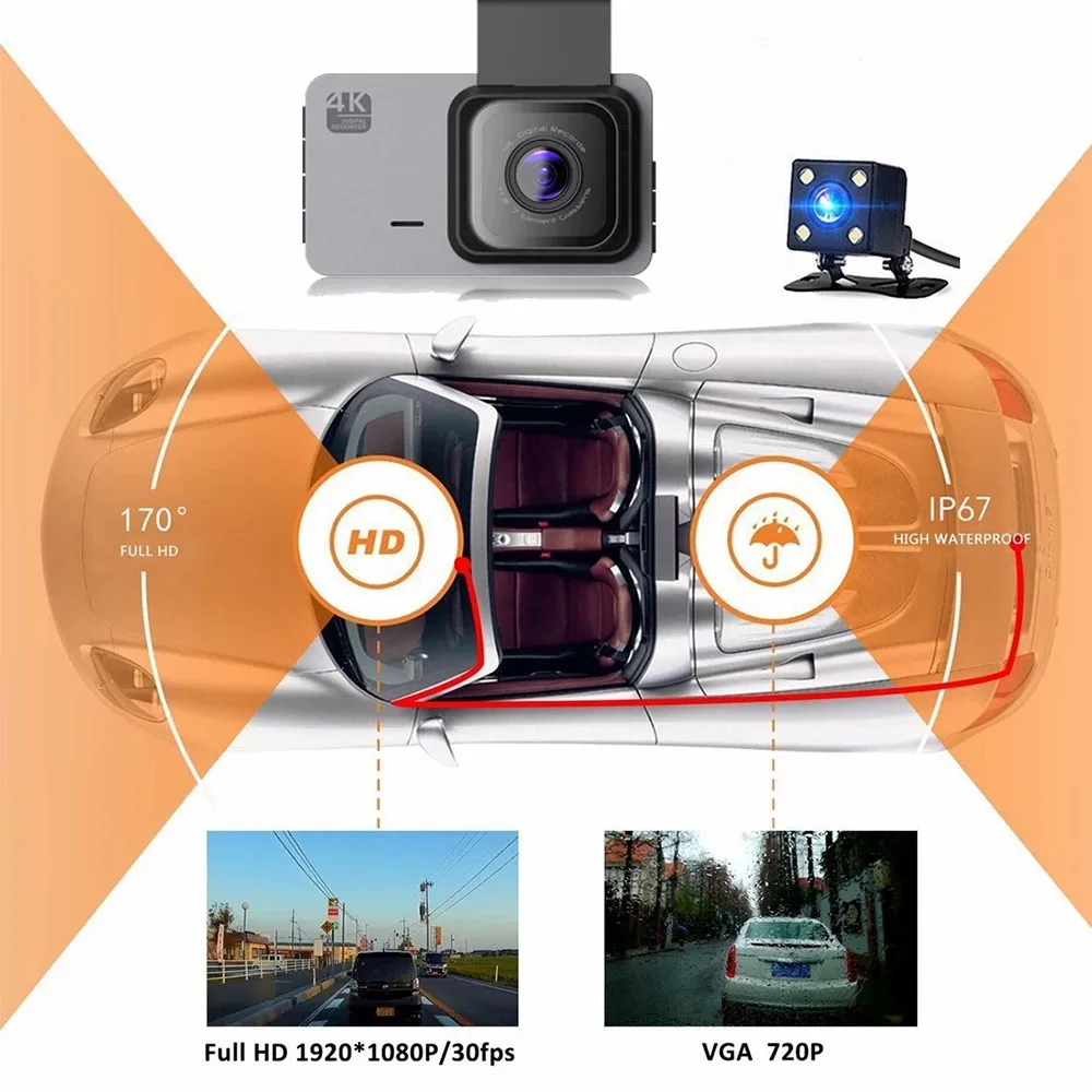 WiFi Car DVR 3.0 Inches Screen 4K&1296P Dual Lens Rear View Dash Cam Vehicle Camera Video Recorder 24 Hours Parking Monitor