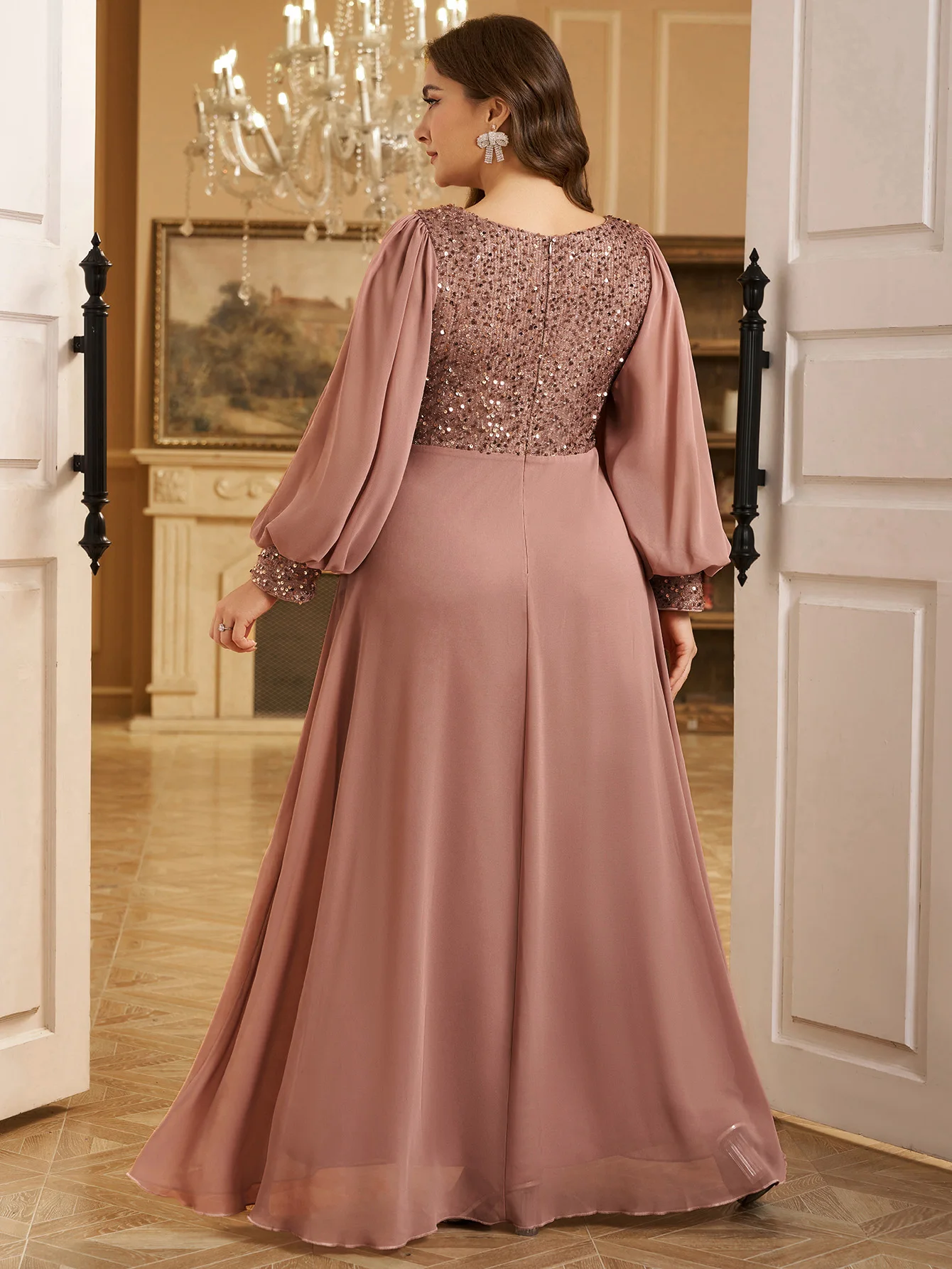 UNITHORSE بالإضافة إلى حجم الخامس الرقبة فانوس كم الترتر المرقعة الشيفون فستان السهرة الرسمية