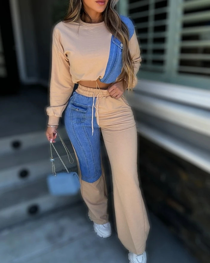 

Women Two Piece Round Neck Long Sleeve Colorblock Demin Patchwork Crop Drawstring Sweatshirt and High Waist Pants Set Tracksuit