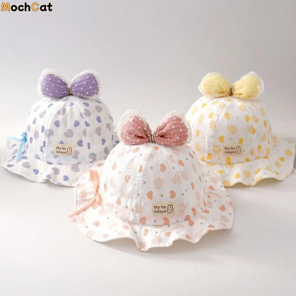 

Lovely Drawstring Sweet Baby Bucket Hat Adjustable Heart Print Kids Fisherman Hat Mesh Breathable Cute Bow Infant Basin Cap Girl