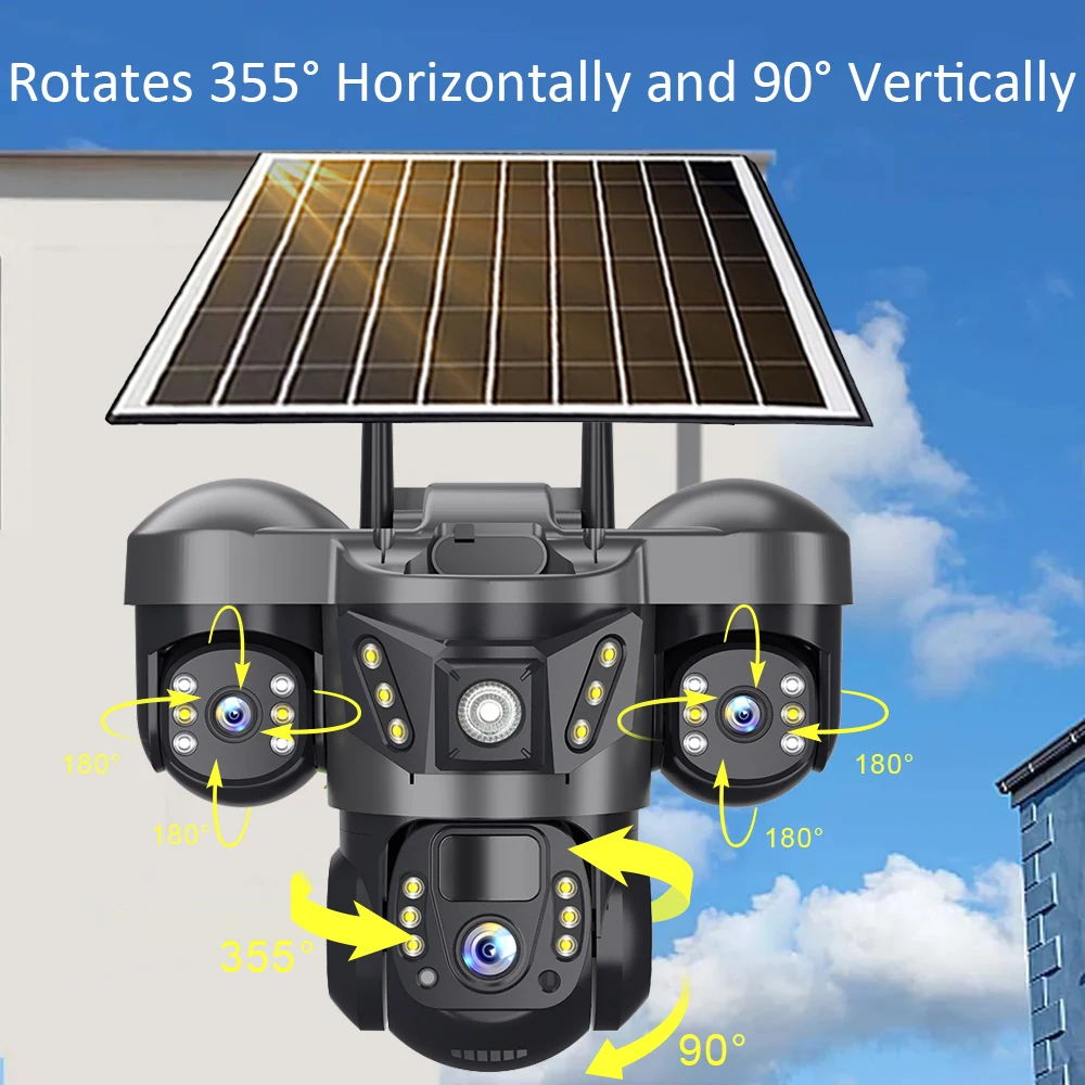 V380 PRO Triple Lens 4G Camera With Solar Panel Outdoor Battery Low Power Three Screen Surveillance 15MP Security HD CCTV Cam