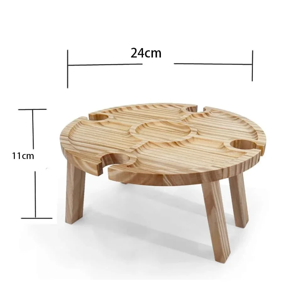 Outdoor Wooden Folding Picnic Table-With Glass Holder 2in1 Round Desk Wine Glass Rack Collapsible Table For Garden Party