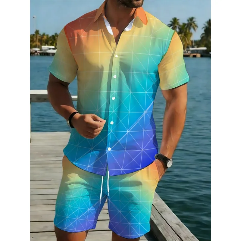 Men Summer Beach Outfit Color Gradient Short Sleeve Shirt and Shorts Set Lightweight Comfortable Casual Vacation Matching Suit