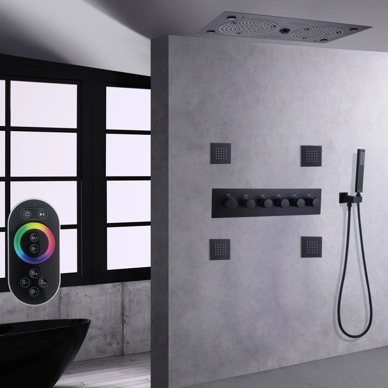 Matte Black Thermostatic Shower Mixer 620*320mm LED Bathroom With Music Features  System Set  Handheld