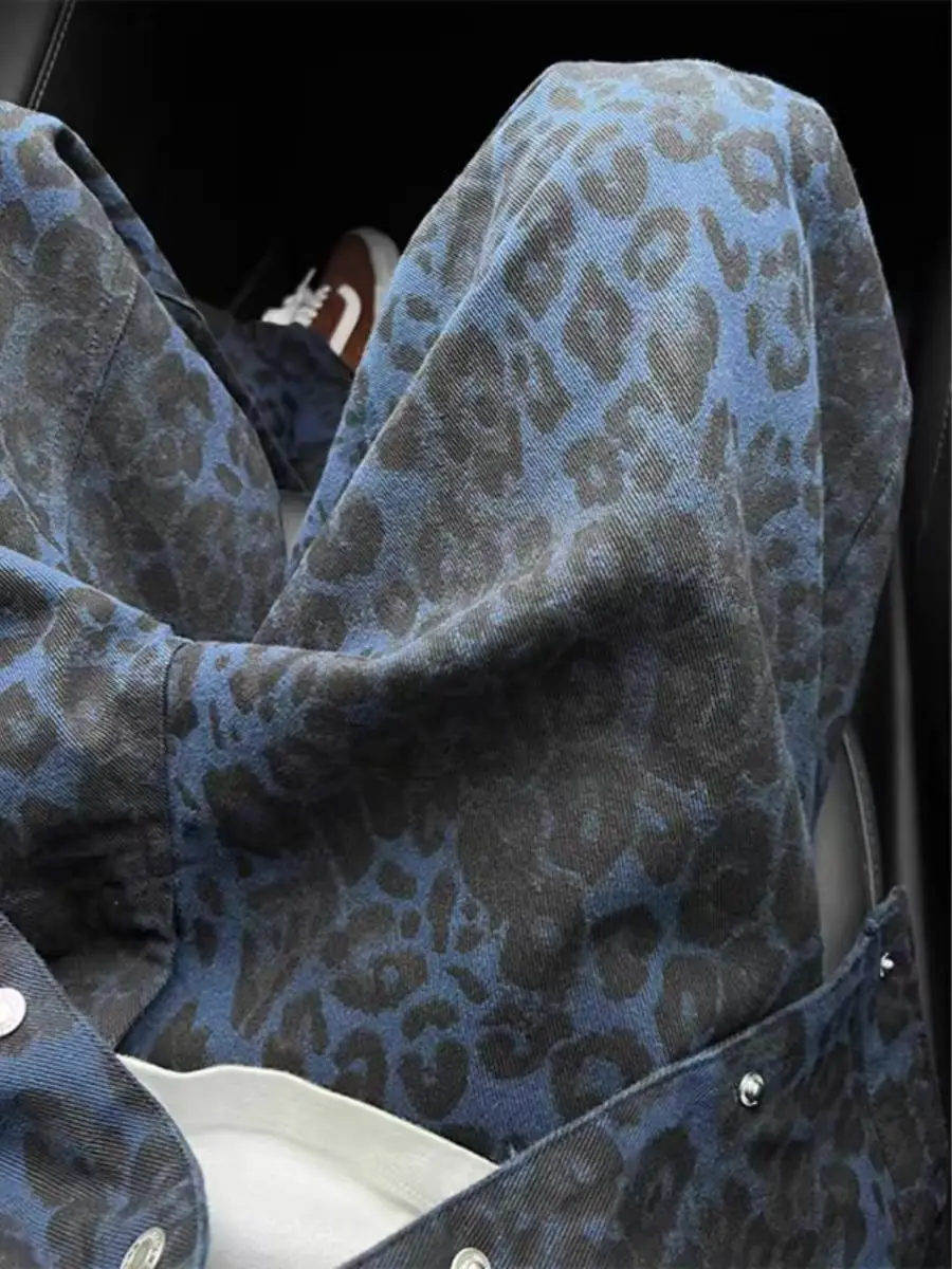 

Retro American Leopard Print Denim Jeans High Street Vibe Waed Canvas Knife Casual Straight Leg Trousers for Teens