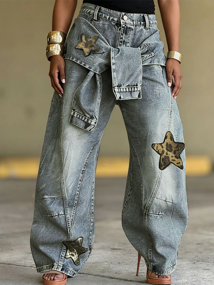 

Women's Denim Pants Star Vintage Old Blue Washed Baggy Jeans 2026 American Loose Wide Leg Trousers Fashion Hip-hop BKQU
