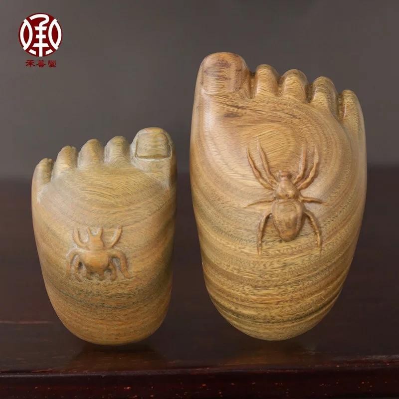 Green Sandalwood Hand Carved Happy Contentment Figurine Desk Ornament Scholar Study Solid Wood Unpainted Tea Pet Car Decor Gift