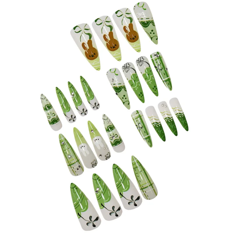 24PCS Sweet Green Flower Almond Press on False Nails Cute Cartoon Rabbit Bow Plaid Stiletto Fake Nails for Women Simple Ins Nail