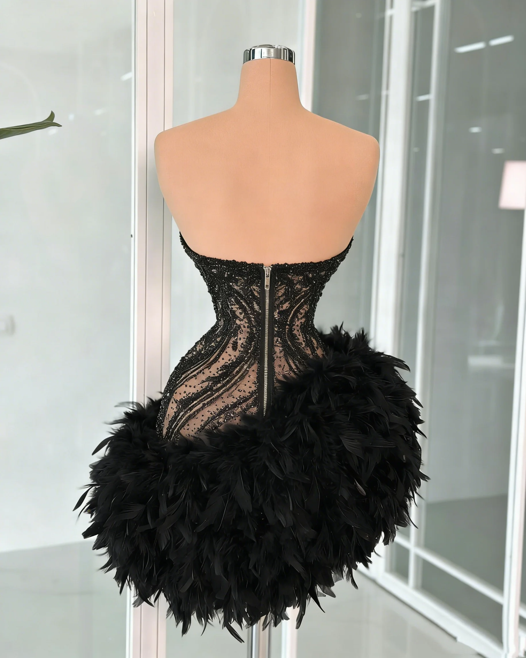 Black Short Prom Dresses Feathers Sleeveless Elegant Cocktail Dresses Dance Performance Gowns Vestidos De Customized