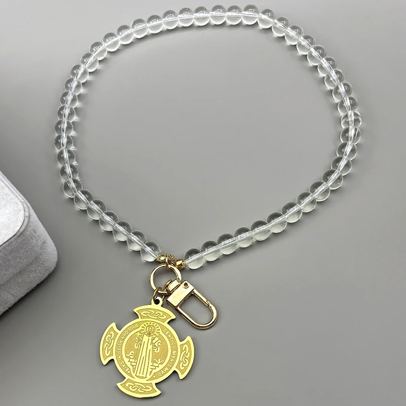 الكاثوليكية سانت بنديكت وسام الفولاذ المقاوم للصدأ الصليب سيارة قلادة للنساء الرجال الذهب اللون الزجاج سلسلة تميمة مجوهرات سانيتو