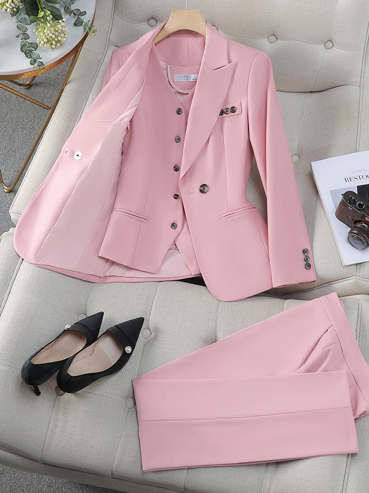 

Women Vest Blazer Jacket and Pant Suit Pink Blue Apricot Office Ladies Business Work Career Wear Formal 3 Pieces Set JJ1018