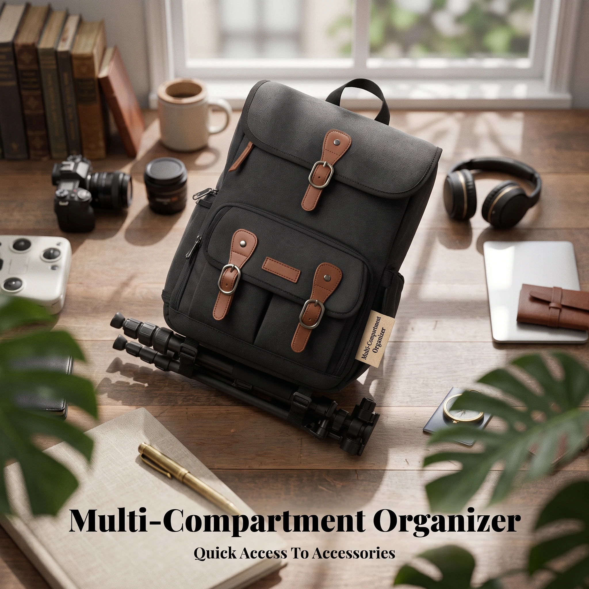 Black Camera Gear Backpack with 15.6-inch Laptop Compartment Anti-theft Photography Bag for Travel and Work