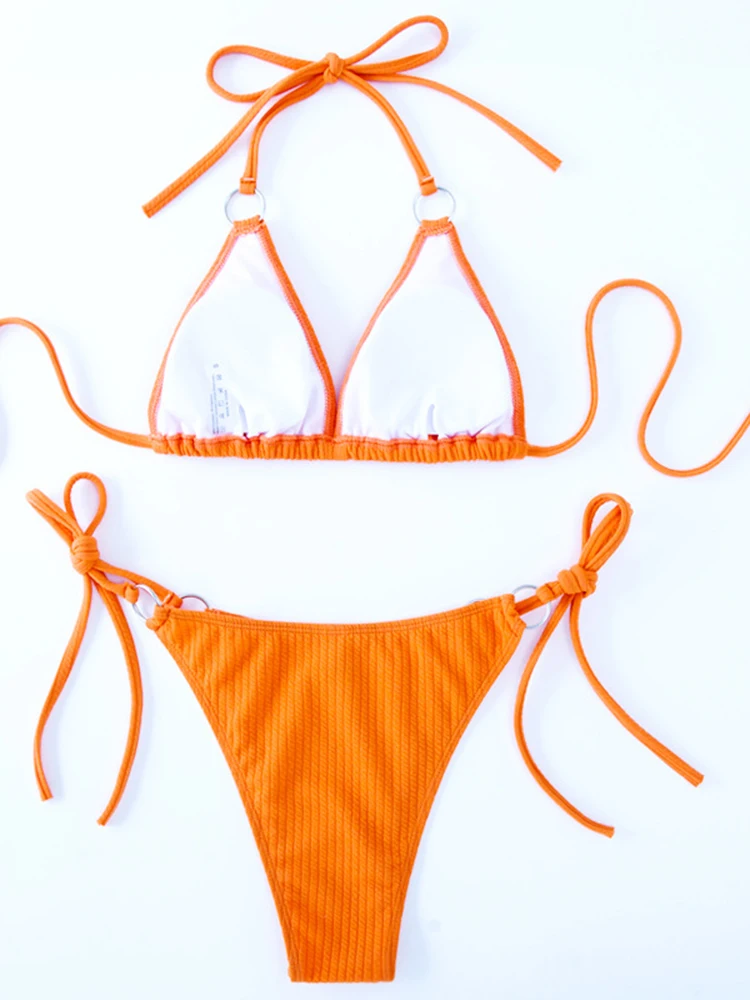 OIINAA Bathing Suit Women Sexy Halter Swimsuit Orange Bikini Set Two-piece Summer Lace Up Thong Biquinis Drawstring Beach Wear