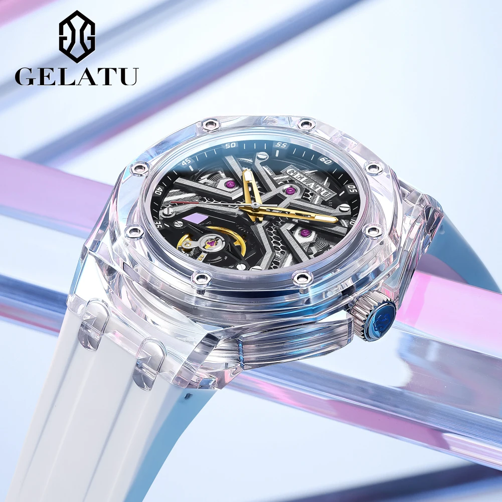 GELATU 8002 Automatic Watches for Men Fully Transparent Hollowed Man Watch High-end Luxury Brand Original Mechanical Wristwatch