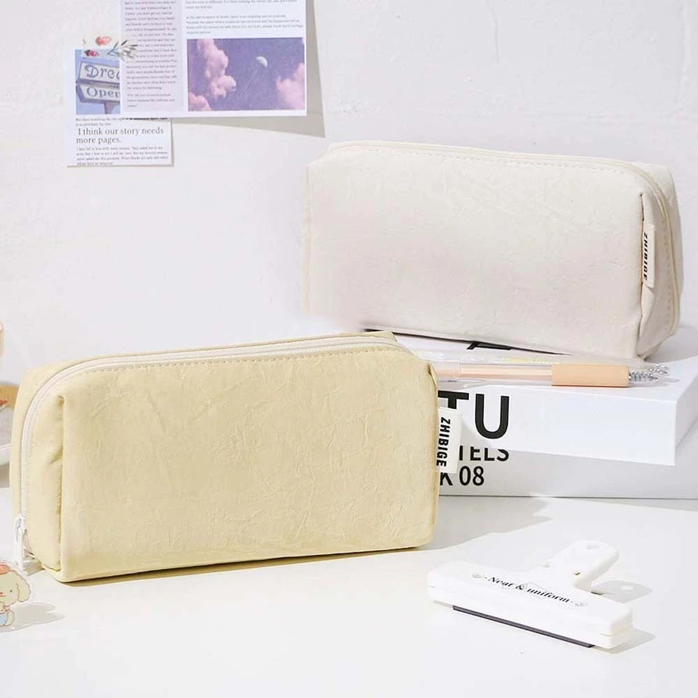 

Desktop Storage Leather Stationery Bag Cream White Yellow Korean Style Big Pencil Bag Leather Large Capacity INS Pencil Pouch