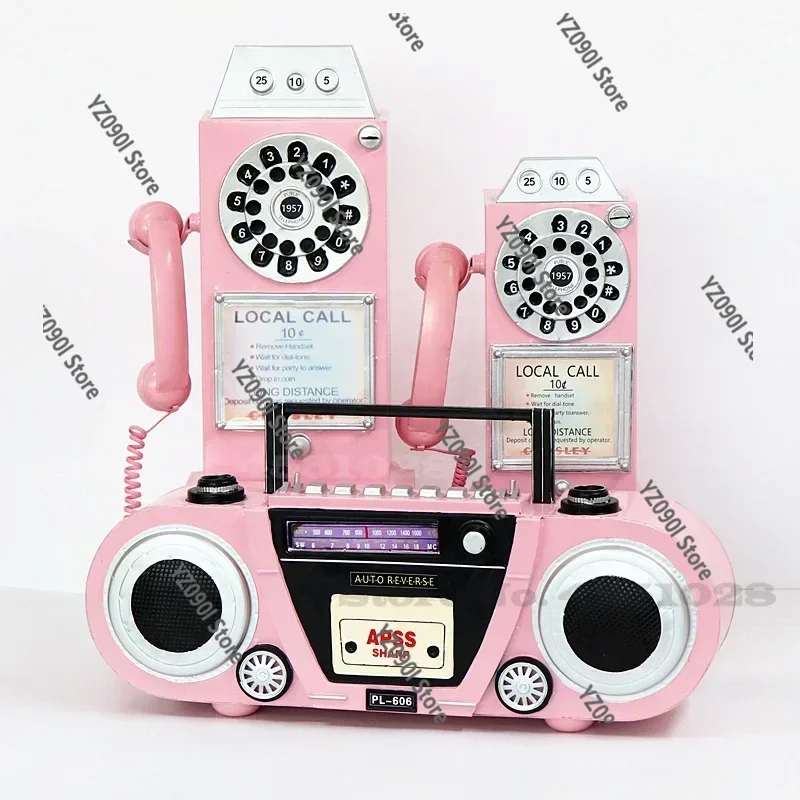 Retro Pink Wall Mounted Telephone Model, Vintage Phone Ornament for Shop Window Display & Decor