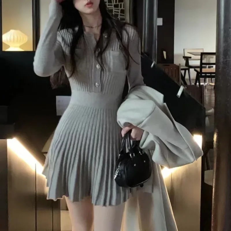 2024 New Round Neck Knitted Sweater Dress Long Sleeve Dress Slim Waist Vestidos Autumn and Winter Pleated Dress for Women