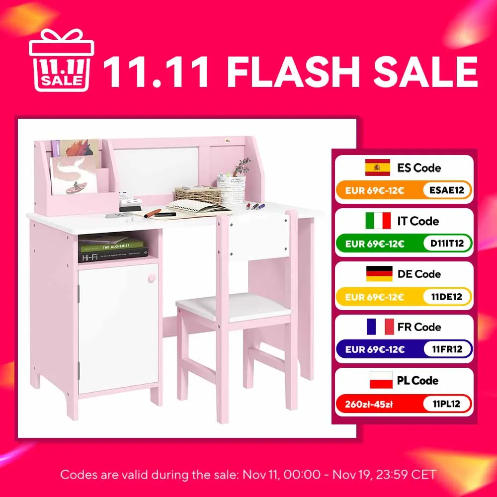 Homcom Homcom Scrivania per bambini in legno con sedia e tavolo con organizer e lavagna per +5 anni 90X45X85 cm Rosa