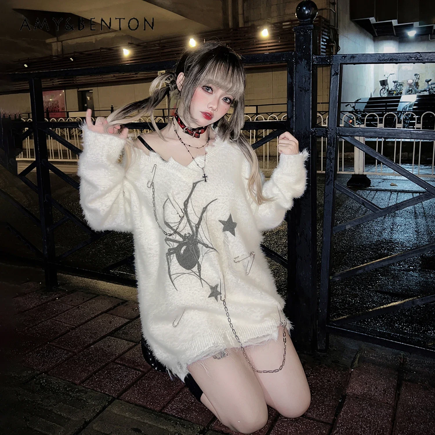 Subculture Gothic Ripped Plush Imitation Mink Hair Sweater Women Autumn Winter Harajuku Street Cartoon Printed Oversized Sweater