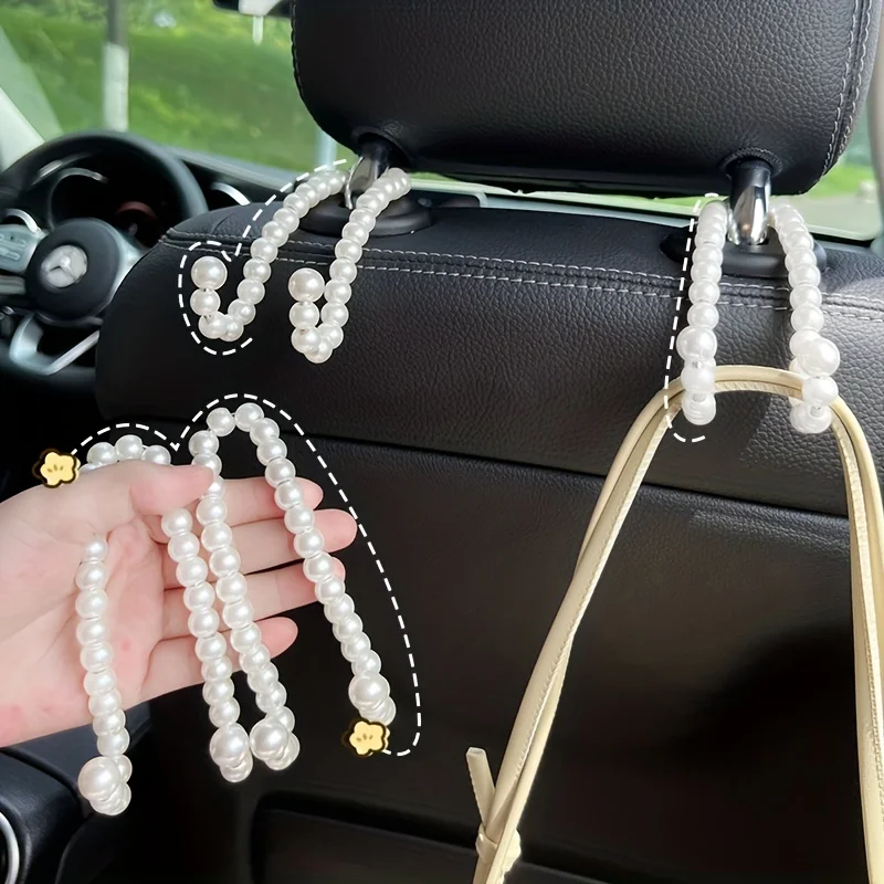2pcs Car Rear Seat Hook White Pearl Hanger Hook Half Open Design Auto Hook Stainless Steel Seat Headrest Hooks Car Accessorie