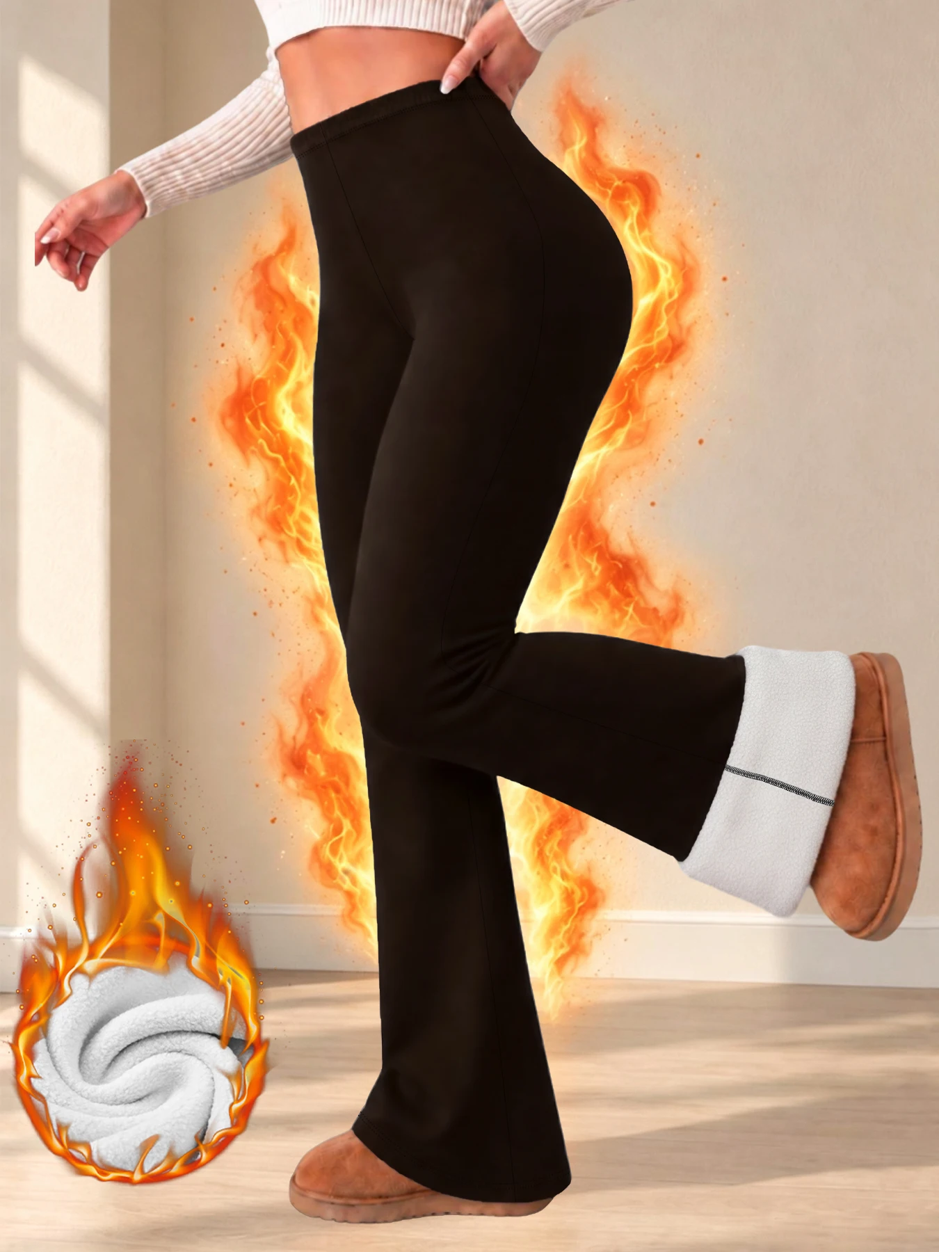 Fleece-gefütterte Leggings mit ausgestelltem Bein für Damen, dicke, weiche, wärmende Thermohosen für den täglichen Gebrauch und zum Entspannen im Winter. – Detail 8