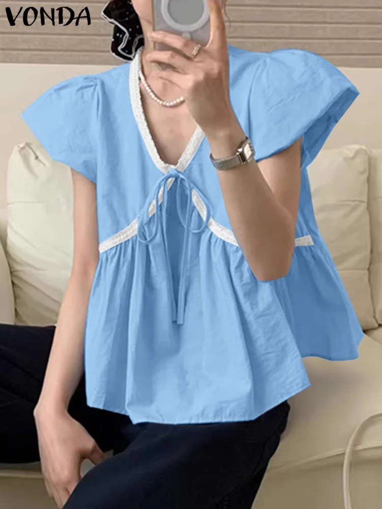 

VONDA Women Blouses Fashion V-Neck Lace Bow Pleated Casual Shirts 2025 Summer Short Sleeve Partchwork Elegant Blusas Tunic Tops