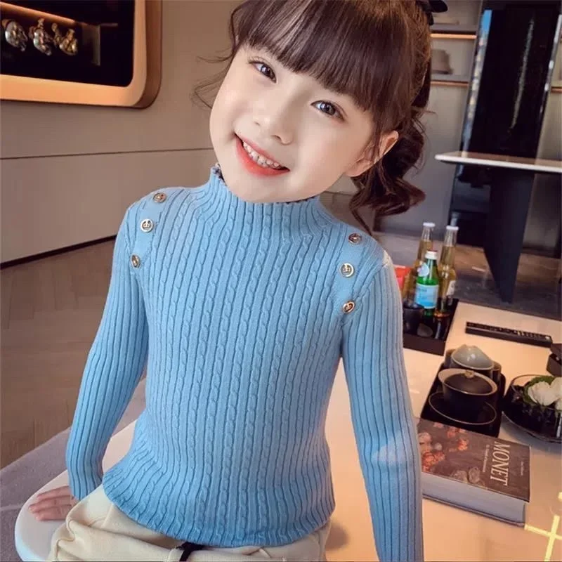 Maglione per ragazze bottoni decorativi invernali collo alto camicia con fondo in tinta unita bambini multicolori Pullover lavorato a maglia ad alta