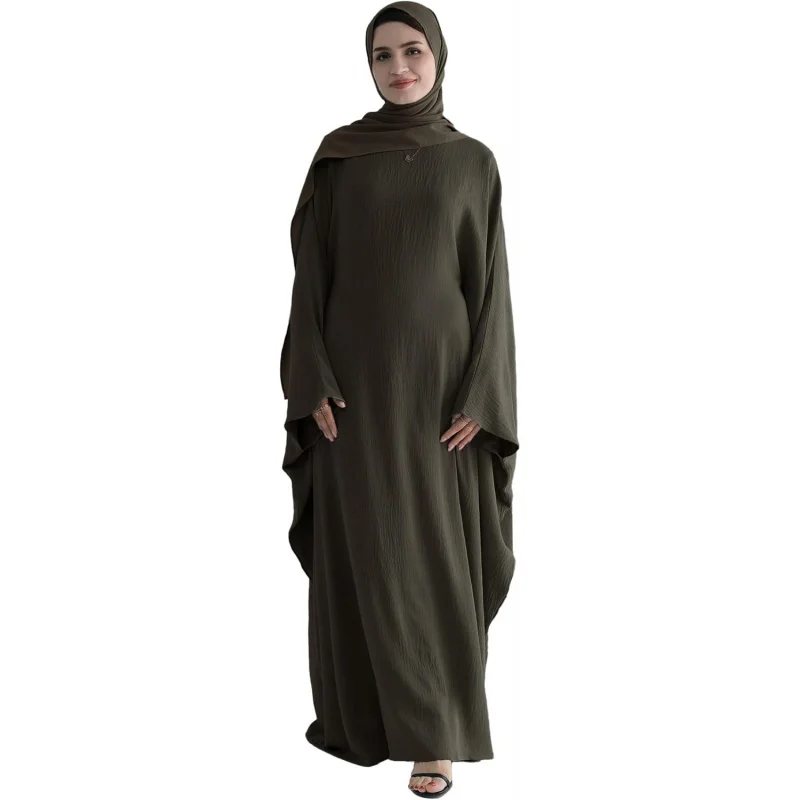 

Abaya Muslim Women Dress Batwing Sleeve Loose Maxi Modest Islamic Clothes Prayer Dress with Hijab Scarf