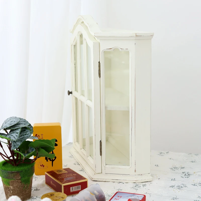 Vintage White Handmade Fir Wood Glass Display Small Tabletop Cabinet