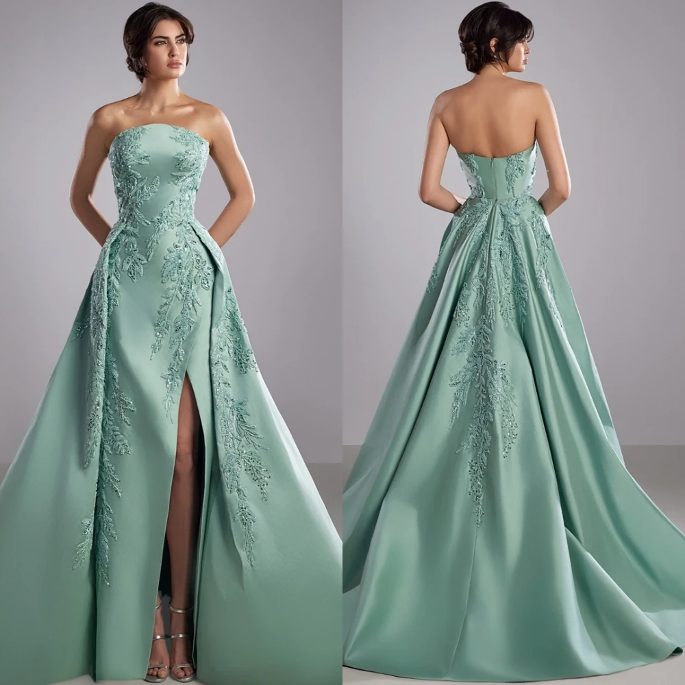 

Customized Graceful Green Satin Evening Dress Classic Strapless Sleeveless Party Dresses Delicate A-Line Beading Celebrity Gowns