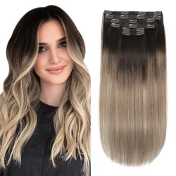 XDhair Clip In Hair Extensions Human Hair,100g 6pcs 16 Inch Balayage Dark Brown to Chestnut Brown and Dirty Blonde Clip in Hair