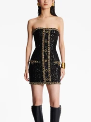 HIGH STREET Newest 2024  Designer Runway Fashion Women's Gold Chains Sequined Strapless Sheath Tube Dress