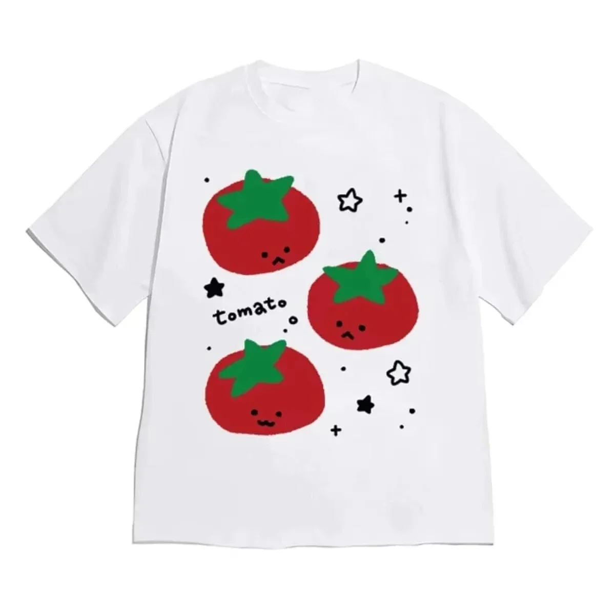 Cute Doodle Tomato Cat Korean Hangul Letter Print T Shirt Women Loose Short Sleeve Kawaii Aesthetic Harajuku Basic Tee