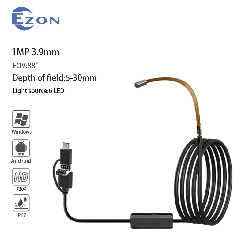 

1MP 3.9mm FOV 88° Endoscope Camera for Industrial Pipeline Inspection 1.5m USB Type-C Android 3-in-1 Soft Cord Endoscope Camera