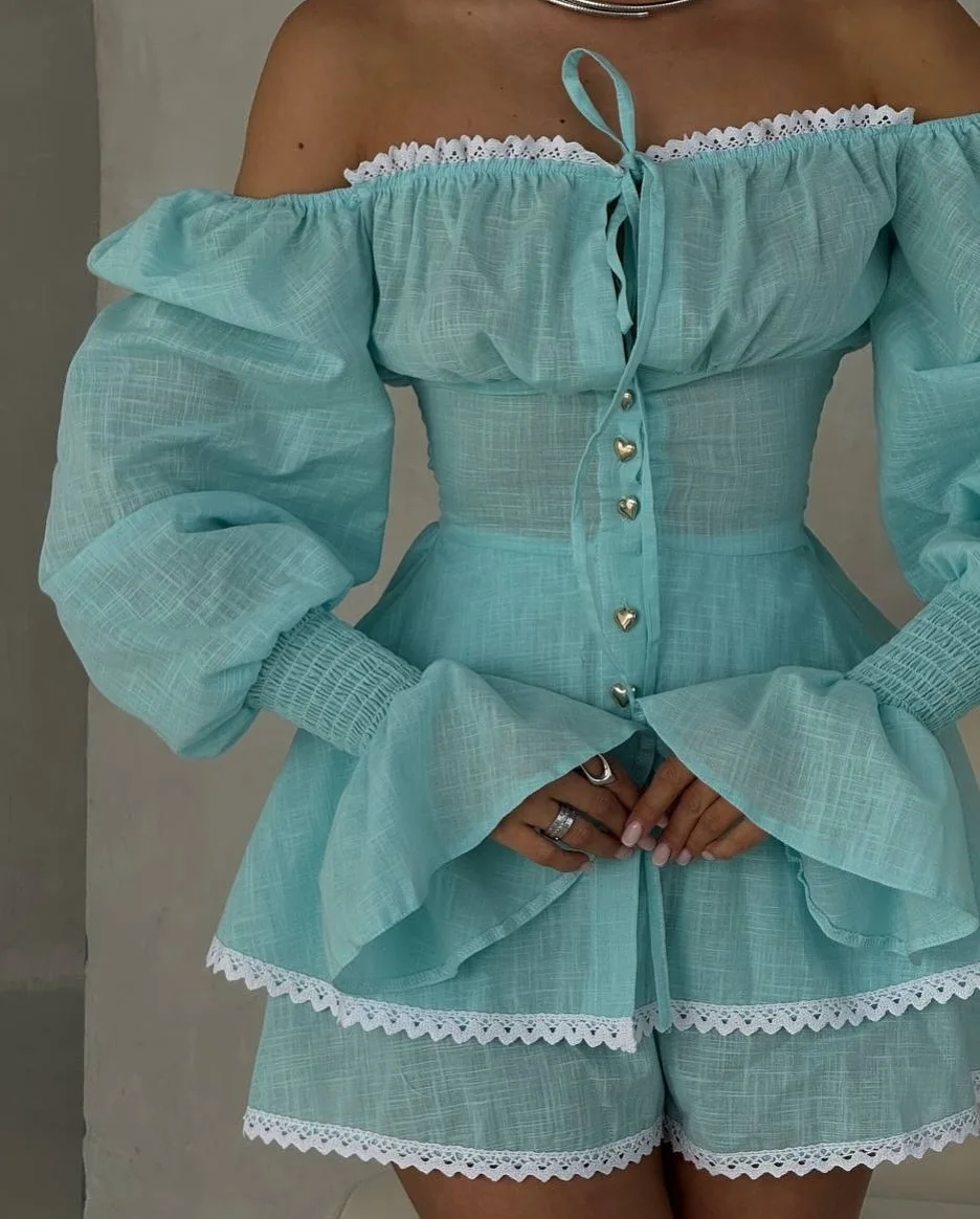 

Women's Floral Print 2-Piece Suits Set Puff Sleeve Off Shoulder Top Matching Lace Trim Mini Shorts Summer Elegant Casual OutfitV