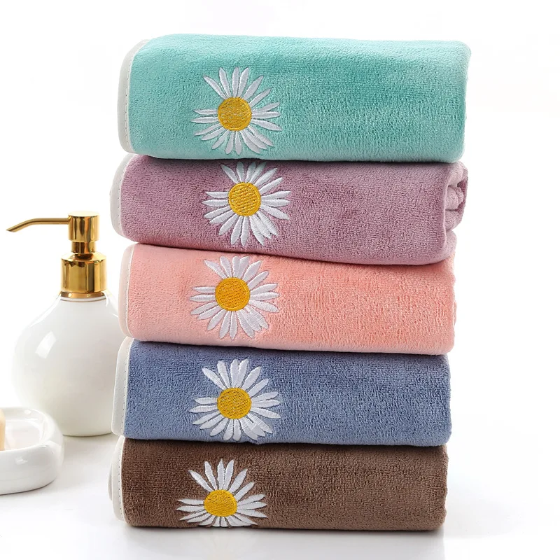 1Pc 35x75cm Soft Coral Fleece Daisy Flower Embroidery Absorbent Hand Towel Bathroom Washcloth