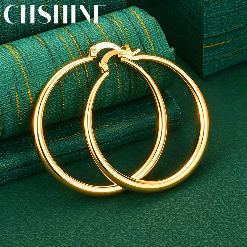 Hot New Fine 925 Sterling Silver 18K Gold 4cm Diameter Big Circle Hoop Earrings for Women Fashion Jewelry Wedding Party