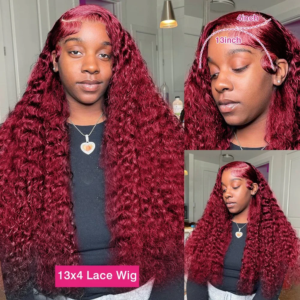 Perruque Lace Front Wig Deep Wave Naturelle Bouclée, Cheveux Humains, Bordeaux 99J, 13x4, 13x6, pour Femme Africaine