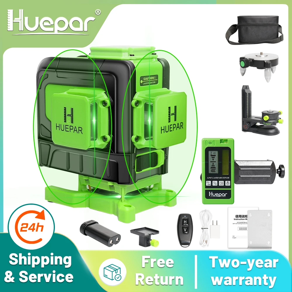 

Huepar 12 Lines 3D Cross Line Laser Level Osram Green Beam With Remote Control & Li-ion battery For Tiles Floor Laser Tools Set