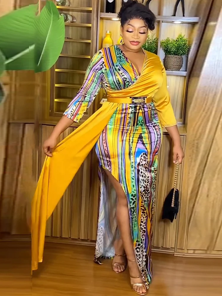 

Party Prom Evening Dresses For Women 2024 Summer Africa Clothes Dubai Turkey Dashiki Print Maxi Robe V-neck Sexy Chiffon Gown