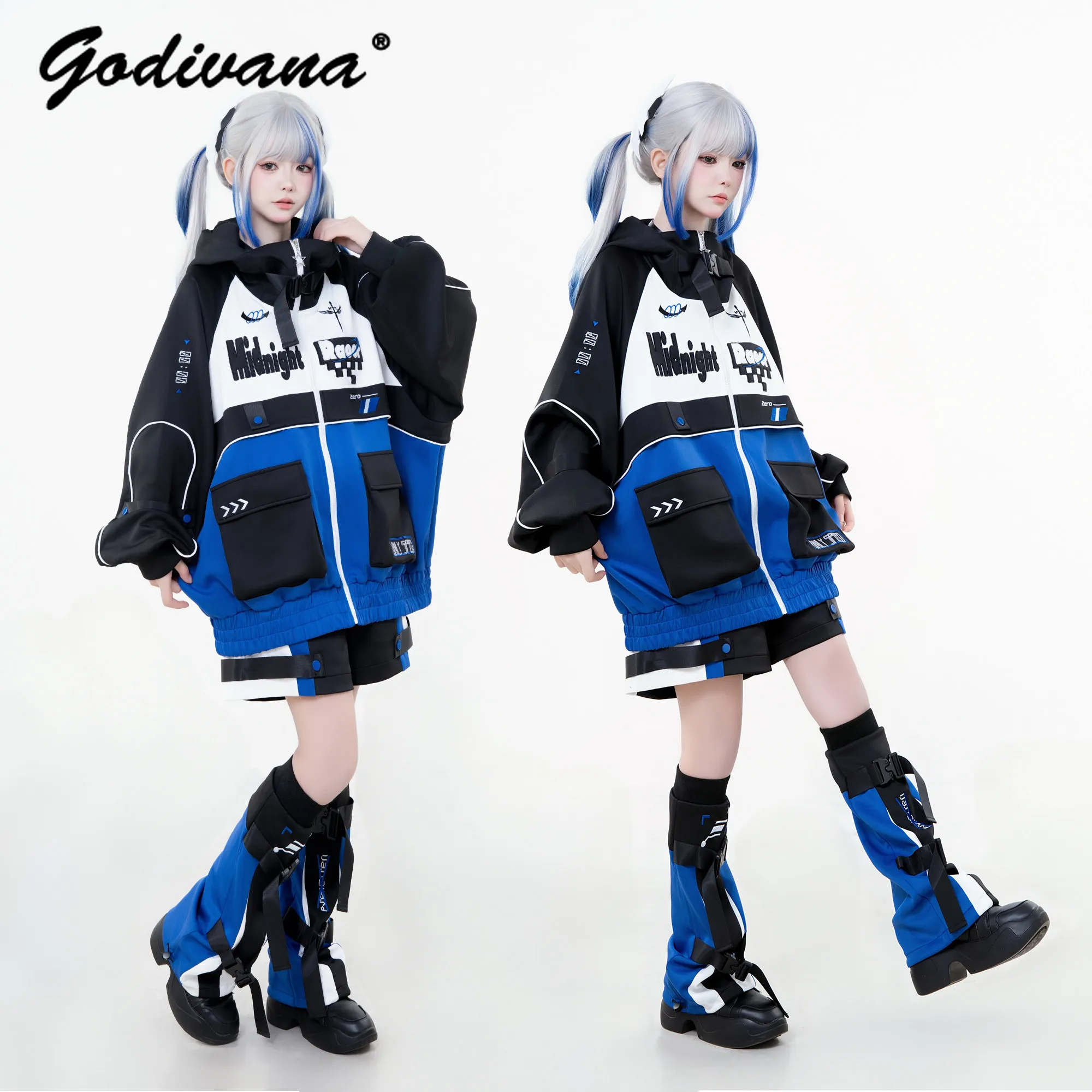 Racer Techwear Oversized Hooded Jacket Set for Women Cool Mechanical Color Block Outfit Y2K Streetwear Autumn Winter Tracksuit