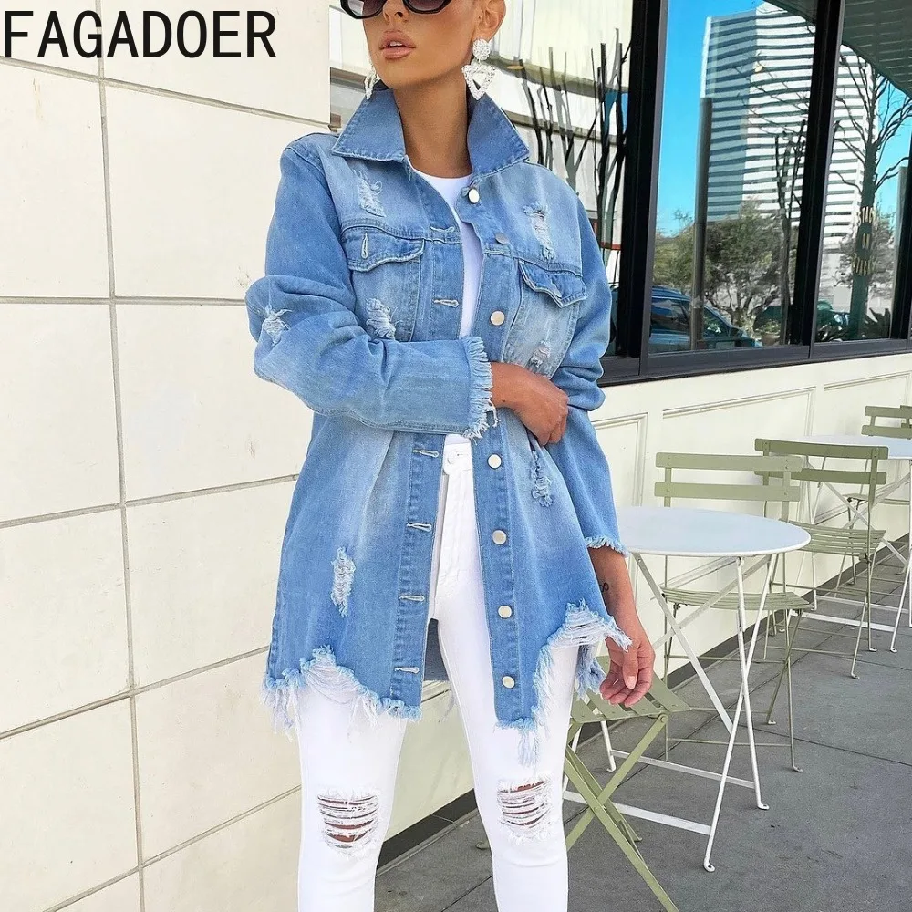 

FAGADOER Fashion Streetwear Women Hole Denim Turndown Collar Long Sleeve Pocket Loose Jacket Female Solid Irregular Coats Tops