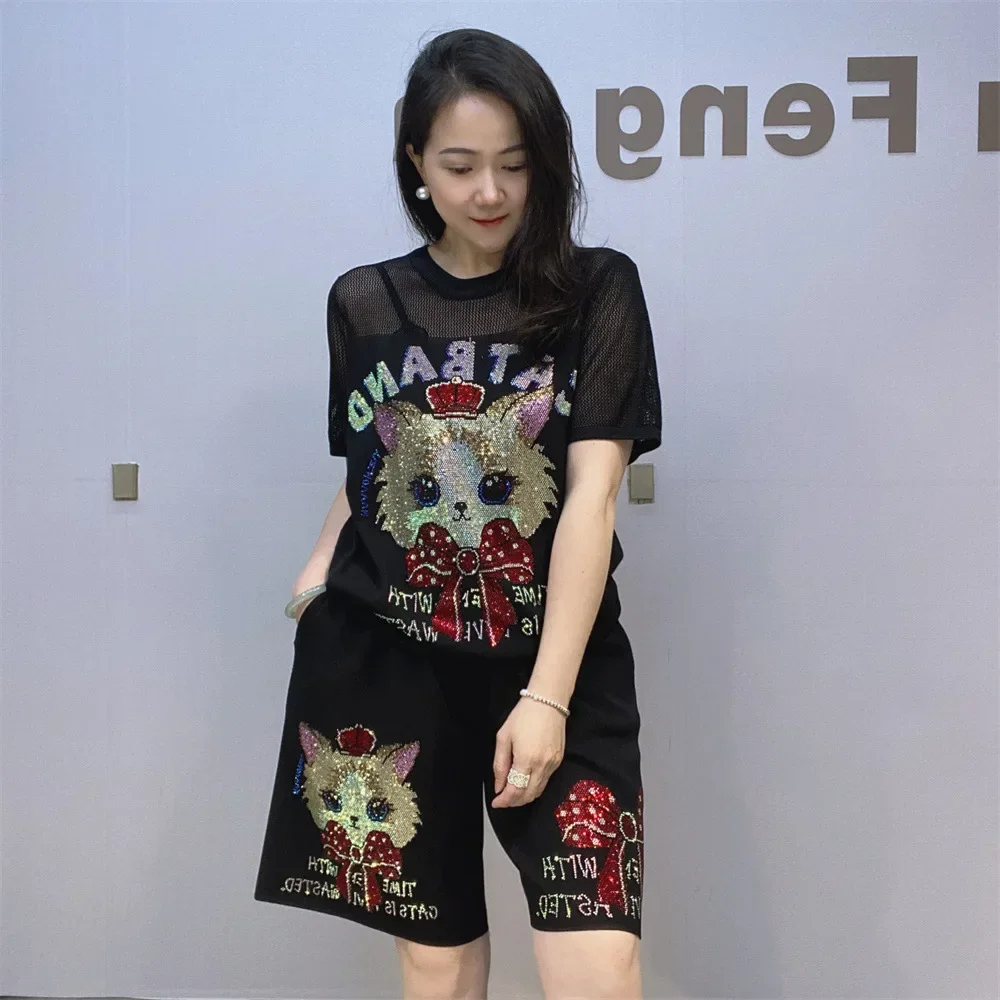 

Casual Cartoon Diamonds Sets Women Summer Clothes Hollow Out Shoulder Knitwear Two Piece Sets Womens Outifits Женская Одежда