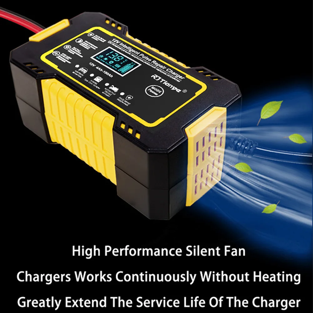 12V 6A Car Battery Charger Pulse Repair LCD Display Smart Fast Charge AGM Deep Cycle GEL Lead-Acid Charger for Auto Motorcycle