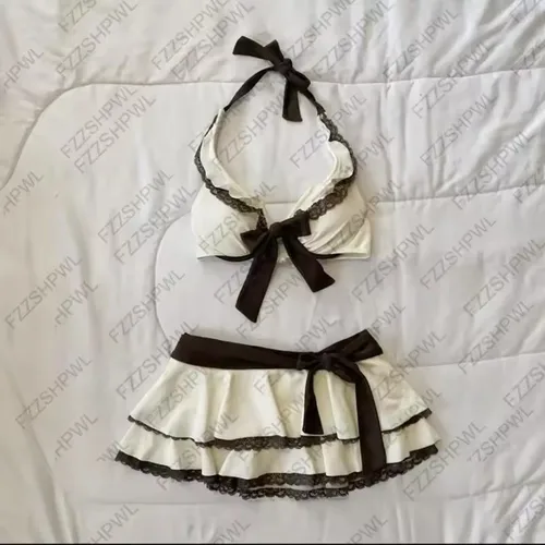 Imagen 1 del producto Conjunto de Bikini Retro bonito para mujer, traje informal Y2K Harajuku estético Hip-hop de verano con lunares, falda para la playa Kawaii ajustada, novedad de 2025