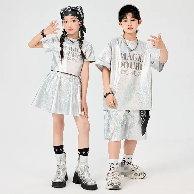 

Комплект одежды для детей: блестящая футболка в стиле хип-хоп, серебряные шорты и юбки, костюм для девочек в стиле K-pop, одежда для джазовых танцев