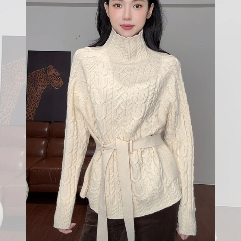 

Осенний модный свободный свитер крупной вязки в стиле casual, элегантный высококачественный красный свитер с высоким воротом и плетеным узором для женщин