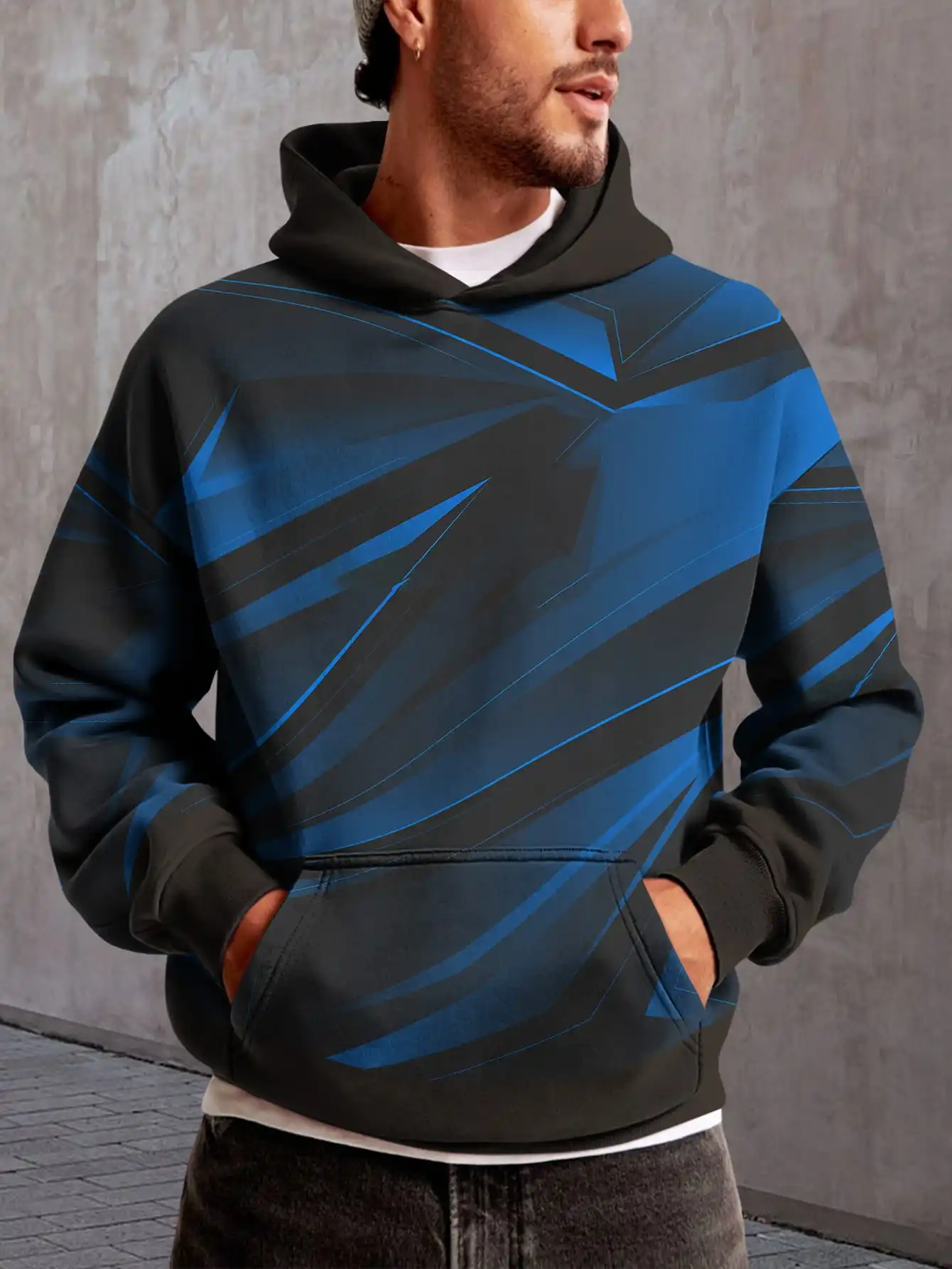 

Cool 3D Printed Hoodie Dark Blue Geometric Patchwork Hooded Sweatshirt Casual Street Style Pullover Hoodie Top