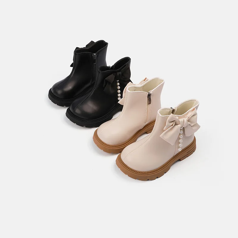JGSHOWKITO Girls Ankle Boots Autumn Winter Bow Pearl Decor Children Leather Boots Non Slip Thick Sole Kids Princess Short Boots