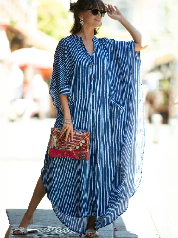 Casual Bikini Cover-ups Blue Tunic Sexy Striped Front Open Summer Beach Dress Elegant Women Beach Wear Swimsuit Cover Up Q1097